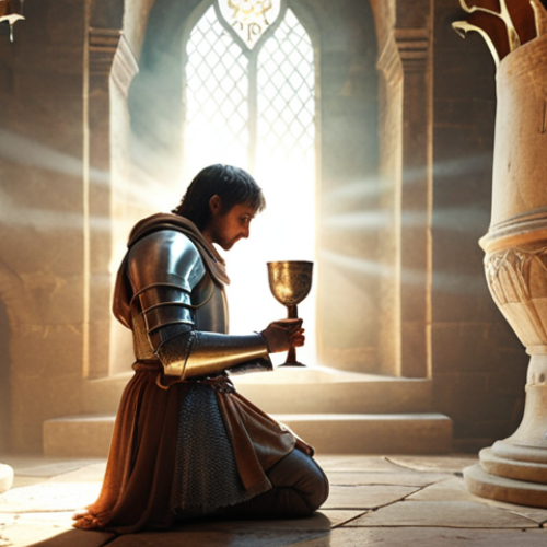 **Prompt:** A young knight, Parsifal, kneeling before a glowing Holy Grail in a misty, ancient castle. The knight's expression is a mix of wonder and contemplation. Focus on the ethereal light emanating from the Grail and the knight's inner journey reflected in his eyes. Soft, pastel colors should dominate the scene, creating a spiritual, yet powerful atmosphere.
